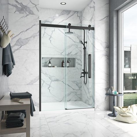 Bel Soft Close Shower Doors are engineered with soft-close technology, meaning you don't have to put up with noisy slamming ever again! Shop the new collection now at Lowe's. Acrylic Shower Base, Shower Door Designs, Black Shower Doors, Shower Door Installation, Corner Shower Enclosures, Bathroom Remodel Shower, Sliding Shower Door, Corner Shower, Black Shower