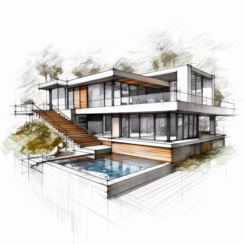 Your Dream Exterior, Sketched to Perfection Modern House Sketch Architecture, Concept Models Architecture Student, Modern House Drawing Sketches, Modern House Design Drawing, Modern Architecture Drawing, Modern House Drawing, Buildings Sketch Architecture, Croquis Architecture, Interior Architecture Sketch