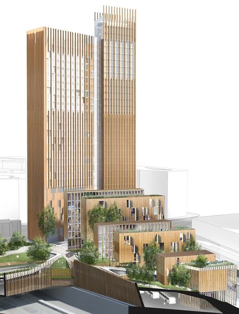 High Rise Design, Timber Skyscraper, High Rise Facade, Wooden Skyscraper, High Rise Architecture, Terrace Building, Apartments Exterior, Wood Facade, Wooden Facade