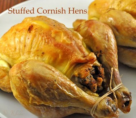 Stuffed Cornish Hens, perfect holiday dinner for two or for a small group. #StuffedCornishHens #NotTurkey #HolidayBirds #CornishHens ChristmasMainCourse Stuffed Cornish Hens, Cornish Game Hen Recipes, Cornish Game Hens, Cornish Hen Recipe, Game Hens, Cornish Hen, The Last Ride, Cornish Game Hen, Sage Sausage