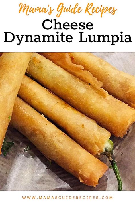 Cheese Dynamite Lumpia Chili Cheese Recipes, Dynamite Lumpia, Philapino Recipes, Dynamite Recipe, Lumpia Recipe, Crab Rangoon Recipe, Filipino Food Dessert, Pinoy Recipes, Cheese Stuffed Peppers