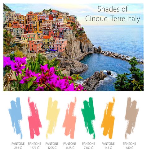 Color Palette of Cinque-Terre Italy - The Cottage Market Tuscan Decor Ideas, Mediterranean Color Palette, Beautiful Color Palettes, Cottage Market, Tuscan Design, Cinque Terre Italy, Mediterranean Home Decor, Italian Colors, Pallet Garden