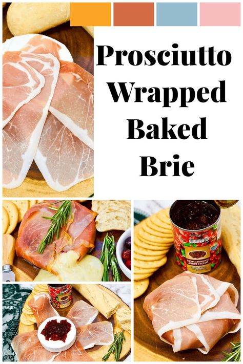 Experience culinary perfection with our Prosciutto Wrapped Baked Brie. This recipe brings together the richness of brie, the savory goodness of prosciutto, and the fruity sweetness of cranberry sauce for a mouthwatering appetizer that's sure to be a hit at any gathering. Baked Brie Prosciutto, Prosciutto Wrapped Brie, Quick Finger Foods, How To Make Prosciutto, Wrapped Brie, Prosciutto Appetizer, Charcuterie Appetizers, Prosciutto Wrapped, Christmas Charcuterie