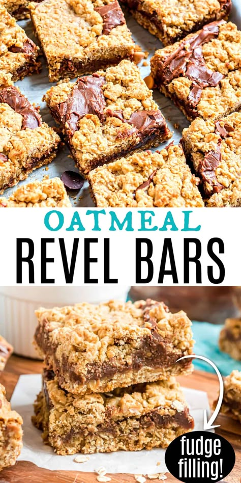 Filled with oatmeal and butterscotch, these classic Revel Bars get an extra dose of deliciousness from triple the chips. Fudgy, chewy, chocolate-y oatmeal cookie bar perfection! Oatmeal Revel Bars, Reveal Bars Recipe, Oatmeal Chocolate Bars Recipe, Chocolate Butterscotch Bars, Oatmeal Butterscotch Cookie Bars, Chocolate Revel Bars Oatmeal, Revel Bars Recipe Oatmeal, Tollhouse Bars, Butterscotch Oatmeal Bars