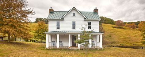 Brewer Hollow Farmhouse - Elizabeth Eason Architecture Antique Farmhouse Plans, Green Metal Roof White House, White Farmhouse Green Roof, Farmhouse With Green Roof, Green Roof White House, Old Farmhouse Plans Layout, Farmhouse Roof Styles, Green Roof Farmhouse, 1920s Farmhouse Exterior