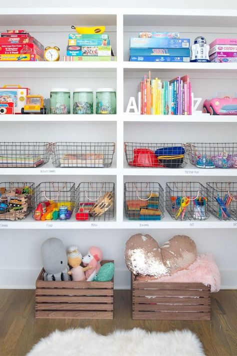 kid toy organization in playroom design, kid room storage ideas with open shelves and storage, kid space in bonus room, girl bedroom decor Kid Toy Organization, Kid Room Storage, Kids Playroom Storage, Room Storage Ideas, Modern Playroom, Room Girl, Kids Toy Organization, Storage Kids Room, Playroom Storage