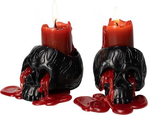 Set of 2 black skull candle holders with red drip candles that melt through the skull eyes creating a blood like effect. A cool spooky addition to your home decor. Spine Candle, Gothic Bar, Goth Candles, Skull Candles, Gothic Candles, Skull Candle Holder, Candle Stick Decor, Novelty Candles, Fresh Scents