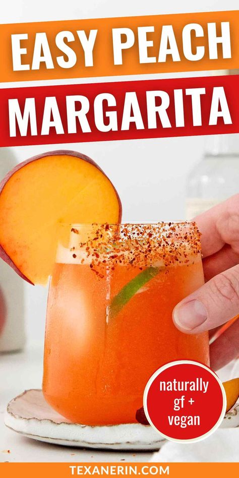 Peach Margarita - Texanerin Baking Easy Peach Margarita Recipe, Peach Margarita Recipe, Peach Simple Syrup, Peach Margarita Recipes, Peach Margaritas, Peach Cocktail Recipe, Fresh Margarita, Peach Daiquiri, Flavored Alcohol