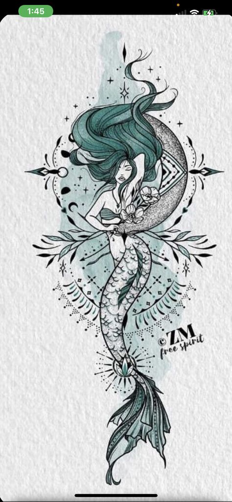 Mermaid Phoenix Tattoo, Koi Fish And Mermaid Tattoo, Mermaid Tattoo Thigh Sirens, Ocean Back Tattoos For Women, Siren Goddess Tattoo, Water Witch Tattoo Ideas, Ocean Tattoos Mermaid, Mermaid Dragon Tattoo, Pisces Tattoo Mermaid