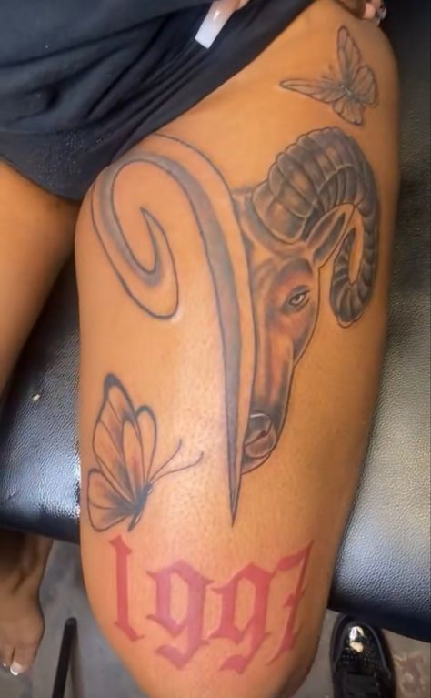 Aries Tattoo Ideas Unique Black Women, Aries Tattoo Black Women, Taurus Tattoo Black Woman, Taurus Leg Tattoo, Aries Leg Tattoo, Aries Tattoo Designs, Tattoos For Black Women, Flower Fire, Cute Thigh Tattoos