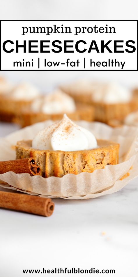 These mini protein pumpkin cheesecakes are the perfect healthy, bite-sized dessert with over 7 grams of protein per serving! They have a homemade buttery graham cracker crust and are made with Greek yogurt, light cream cheese, and protein powder. Healthy Pumpkin Cheesecake Recipe, Healthy Pumpkin Cheesecake, Pumpkin Cheesecakes, Pumpkin Pie Protein, Pumpkin Cravings, Mini Pumpkin Cheesecake, Low Carb Cheesecake Recipe, Protein Cheesecake, Pumpkin Protein