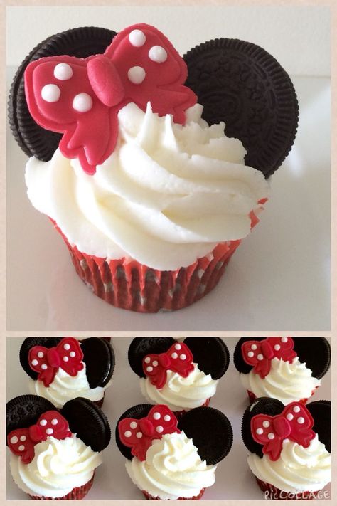 Mickey And Minnie Cupcakes, Oreo Butter, Fondant Bows, Cupcakes Strawberry, Γενέθλια Mickey Mouse, Oreo Frosting, Mouse Cupcakes, Mickey Mouse Cupcakes, Strawberry Butter