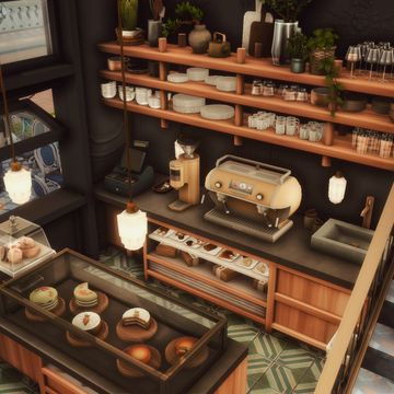 Sims 4 Cafe Interior, Sims Cafe Ideas, Sims Cafe Layout, Sims 4 Coffee Bar, Sims 4 Bar Interior, Sims 4 Bookstore Cc, Sims 4 Barista Cc, Sims 4 Shopping Cc, Sims 4 Academia