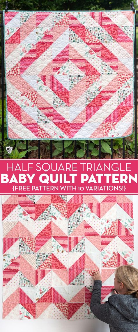 Learn how to make a simple baby quilt using half square triangles. Pattern includes 10 different half square triangle quilt layout ideas! Layer Cake Half Square Triangle Quilts, Patterns For Half Square Triangles, Hst Quilt Patterns Layout Simple, Half Square Triangle Baby Quilt, Quilt Patterns Using Half Square Triangles, Quilts Using Triangles, Quilts Made With Half Square Triangles, Large Square Quilt Patterns Easy, Four Square Quilt Pattern