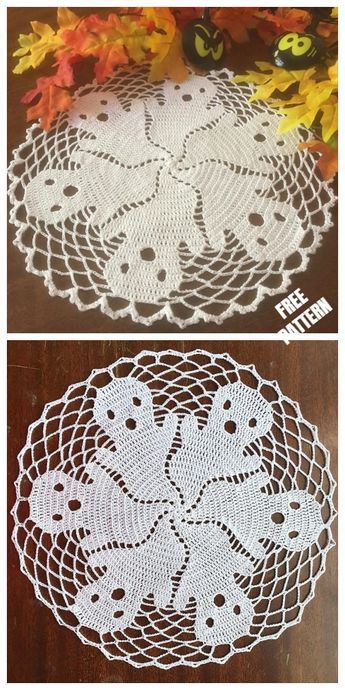 Crochet Halloween Ghost Doily Free Crochet Pattern Crochet Ghost Doily Free Pattern, Crochet Pumpkin Doily Free Pattern, Unique Crochet Doily Patterns, Crochet Spider Web Doily, Crochet Leaf Table Runner, Crochet Pumpkin Doily, Crochet Table Doily, Spooky Crochet Tapestry, Crochet Patterns With Thread