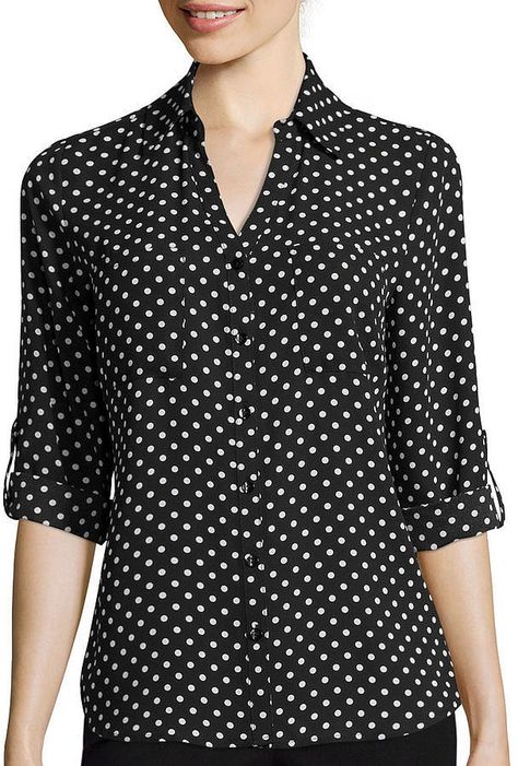 By & By 3/4-Sleeve Button-Front Polka-Dot Shirt ($46) Polka Dot Blouse Outfit, Dot Shirt, Fashion Tops Blouse, Polka Dot Shirt, Polka Dot Blouse, Button Front Shirt, Polyvore Outfits, Fashion Tops, Shirt Blouses