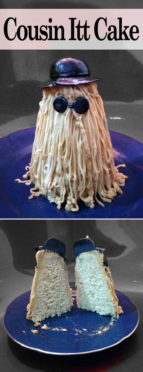 RECIPE: Addams Family Cousin Itt Cake with a browned butter cake at the center and coffee buttercream for his hair. Not only does this look cute, it tastes divine! Addams Family Black Tie Halloween Affaire Decorations & Food Ideas Addams Family Baby, Cousin Itt, Addams Family Musical, Family Halloween Party, Addams Familie, Coffee Buttercream, Sloth Birthday, Addams Family Costumes, Family Cake