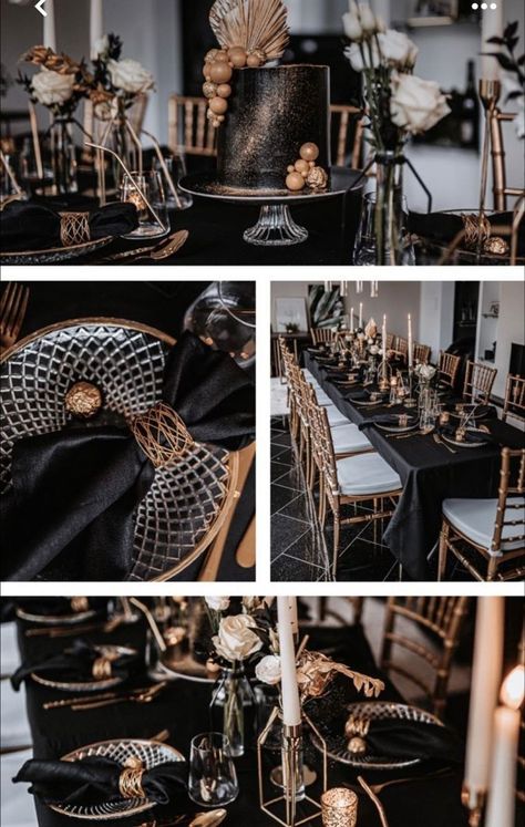 All Black Party, Dark Wedding Theme, Black And Gold Wedding, Black And White Wedding Theme, Birthday Dinner Party, White Wedding Theme, Party Deco, Gold Birthday Party, Dark Wedding