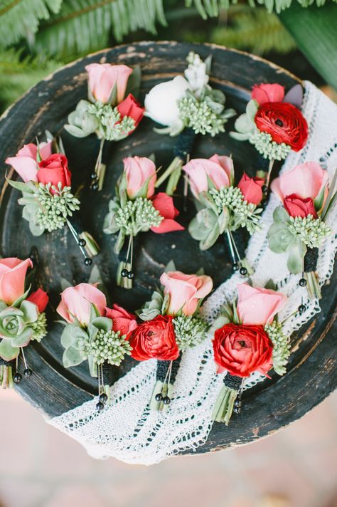 Choosing Wedding Colors, Rancho Las Lomas Wedding, Pink Boutonniere, Wedding Themes Summer, Wedding Color Combos, Rose Boutonniere, Summer Wedding Colors, Coral Wedding, Corsage Wedding