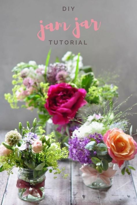 Flowers Arrangements For Home, Jam Jar Wedding, Jam Jar Flowers, Mason Jar Flower Arrangements, Small Flower Arrangements, Jam Jars, Mason Jar Flowers, Best Flowers, Flowers In Jars