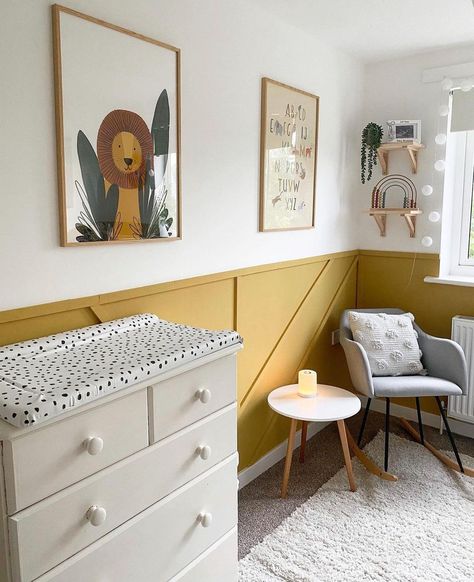 Mustard Nursery Ideas, Scandi Nursery Ideas, Nursery Panelling Wall, Baby Nursery Accent Wall, Panelling Nursery, Yellow Panelling, Bright Color Nursery, Mustard Yellow Nursery, Nursery Ideas Yellow