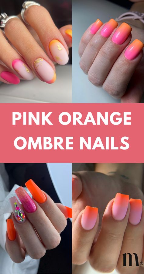 Get inspired for summer with these stunning pink orange ombre nail ideas! From glitter accents to neon hues, there's something for everyone in this collection. Elevate your nail game and embrace the summer vibes. Ombre Orange And Pink Nails, Neon Nails Pink And Orange, Orange And Pink Ombre Nails, Pink Orange Ombre Nails, Neon Ombre Nails, Coral Ombre Nails, Pink And Orange Ombre, Ombre Nail Ideas, Orange Ombre Nails