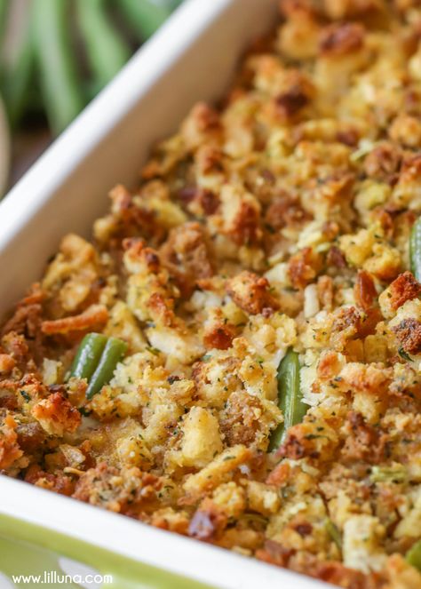 Best Green Bean Casserole, Chicken Stuffing Casserole, Green Bean Casserole Easy, Chicken Stuffing, Chicken Green Beans, Greenbean Casserole Recipe, Stuffing Casserole, Chicken Casseroles, Chips Ahoy