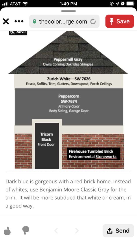 Red Brick Black Roof, Tricorn Black Front Door, Red Brick Exteriors, Benjamin Moore Classic Gray, Black Roof, Porch Ceiling, Black Front Doors, Red Brick House, Exterior Paint Colors For House