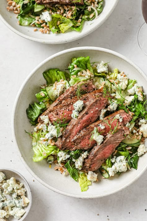 Gem Lettuce, Blue Cheese Crumbles, Steak Salad Recipe, The Defined Dish, Defined Dish, Mignon Steak, Farro Salad, Seared Steak, Hearty Salads