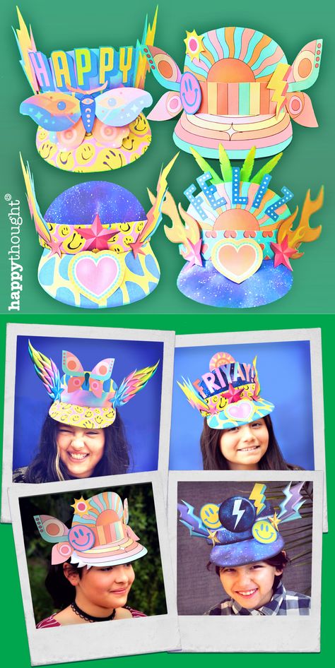 Colourful hat DIY craft project Diy Birthday Hat, Paper Pyramid, Party Hat Craft, Party Hat Template, Hat Printable, Diy Festival, Diy Carnival, Hat Template, Hat Day