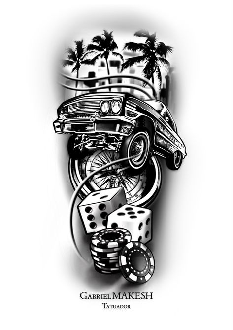 Cadillac Tattoo Designs, Low Rider Tattoo Design, Low Rider Tattoo, Rider Tattoo, Car Mustang, Bike Tattoos, Funky Tattoos, Prison Art, Lowrider Bike