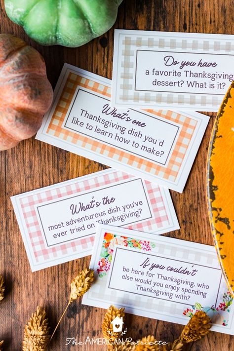 50 Free Printable Thanksgiving Dinner Conversation Cards - The American Patriette Thanksgiving Conversation Cards, Thanksgiving Conversation Starters, Thanksgiving Questions, Free Printable Thanksgiving, Thanksgiving Parade, Printable Thanksgiving, Conversation Cards, Thanksgiving Dishes, First Thanksgiving