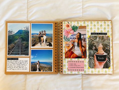 Scrapbook Photo Album Ideas Layout, Scrap Photo Book, Halle Scrapbook, Halle Sandberg Scrapbook, Beach Scrapbook Ideas, Scrapbook Inspo Pictures, Summer Camp Scrapbook, Travel Scrapbooking Ideas Layout, Vacation Scrapbook Ideas