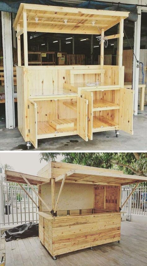 Pallet Storage, Bar Exterior, Outside Bars, Food Cart Design, Pallet Project, Wooden Pallet Furniture, Cafe Shop Design, Backyard Bar, Kiosk Design