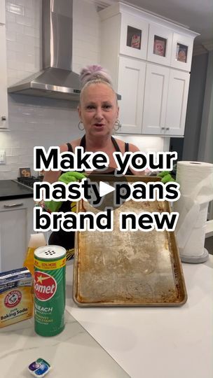 147K views · 960 reactions | Clean Pan Hack | Clean Pan Hack #lifehack #cleaning 

Network Media-Jasgur Crew-Renee&Ron | By Jasgur Crew | Do your pans look like this? I
have the best hack to get them to look sparkling. First, we're
going to start with some baking soda. Get it good in the pan. Now, I'm going to add hydrogen
peroxide. Get it in good and you're going to want to make it
into paste. Now, I'm going to add a little
comet. Johnson's baby shampoo. Mix it again. So we get it nice
and pasty. Sides. Now, I'm going to take a
dishwasher pod and I am going to cut it open That's it. Wow. I can see it bubbling. I
can hear it. It sounds like it's Scrub it in. Bring your pan
around. Get the edges. Make sure it's covered and we are
going to let it sit overnight. See you in the morning. We let Clean Cookie Sheets, Diy Shampoo Recipe, Cleaning Pans, Baking Soda For Hair, Dishwasher Pods, Baking Soda Benefits, Clean Baking Pans, Best Pans, Diy Cleaning Solution