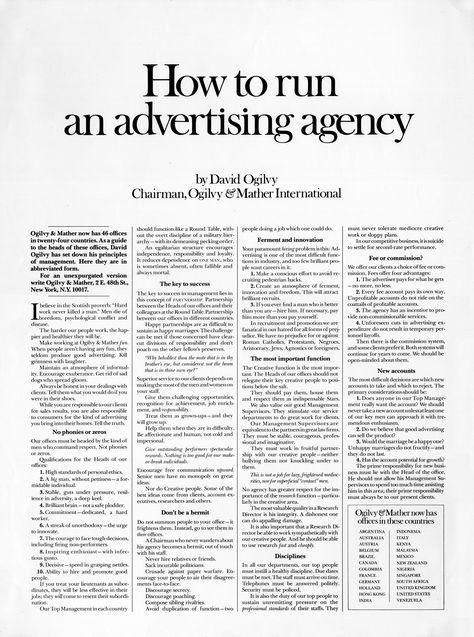 How to run an advertising agency by David Ogilvy Business And Advertising, Copywriting Ads, David Ogilvy, Copy Ads, Marketing Copywriting, Business Marketing Plan, Social Media Marketing Business, Ad Agency, Business Advertising Design