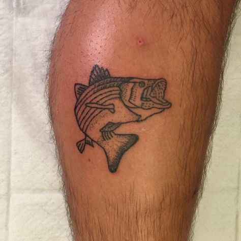 Simple Manly Tattoos, Striped Bass Tattoo, Bass Tattoo Fish, Bass Fish Tattoo, Bass Tattoo, Fishing Tattoos, Ethnic Tattoo, Hand Poked Tattoo, Bass Fish