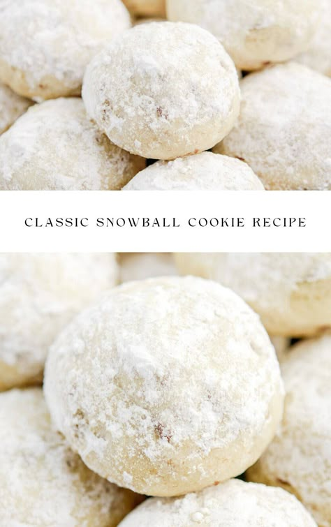 Classic melt-in-your-mouth snowball cookies. With just a few simple ingredients, including pecans and a dusting of powdered sugar, this easy holiday recipe is sure to become a favorite. Holiday Baking Ideas Christmas, Classic Snowball Cookies, Baking Ideas Christmas, Dessert Balls, Snowball Cookie, Simple Holiday Cookie Recipes, Snowballs Recipe, Holiday Baking Ideas, Pecan Snowballs