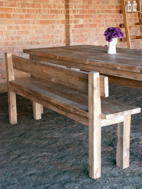 wooden benches with backs - Google Search Dining Bench Diy, Outdoor Bench Table, White Outdoor Bench, Wooden Bench Table, Wood Bench With Back, Pinterest Kitchen, Bench Kitchen, Diy Bank, Farmhouse Table With Bench