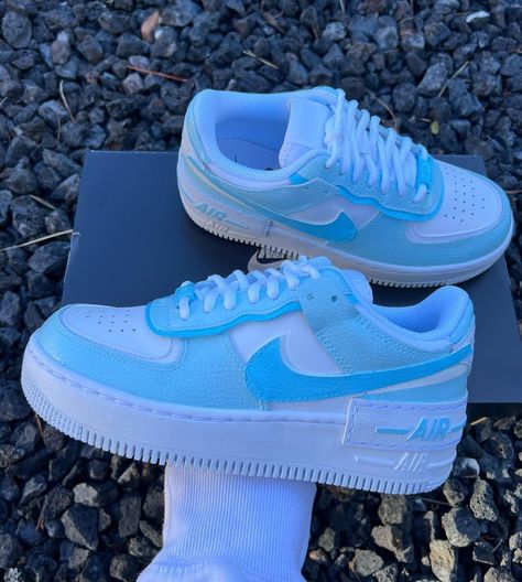 Light Blue Custom Air Force 1, White And Blue Air Force 1, Blue Nikes Shoes, Shoes Aesthetic Sneakers, Aesthetic Jordans, Shadow Air Force, Nike Air Force 1 Blue, Nike Shadow, Blue Nike Air Force