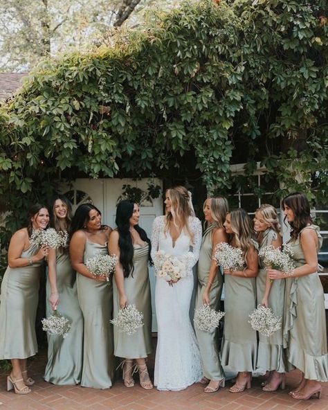 Mumu Weddings shared a post on Instagram: "Moss Green Luxe Satin is always a yes in our book 🤍☁️". Follow their account to see 4495 posts. Moss Green Wedding, Moss Bridesmaid Dress, Emerald Green Bridesmaid Dresses, Mumu Wedding, Sage Bridesmaid Dresses, Sage Green Bridesmaid Dress, Earthy Wedding, Sage Wedding, Sage Green Wedding