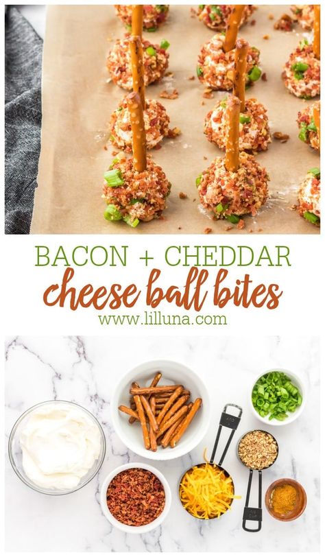 Mini Cheese Ball Bites taste just like a loaded cheese ball, but mini! They are perfect grab and go appetizers. Grab And Go Appetizers, Grab And Go Party Food, Mini Cheese Ball Bites, Mini Cheese Balls Recipe, Super Bowl Party Snacks, Bagel Crisps, Cheddar Cheese Ball, Cheese Ball Bites, Delicious Dips Recipes