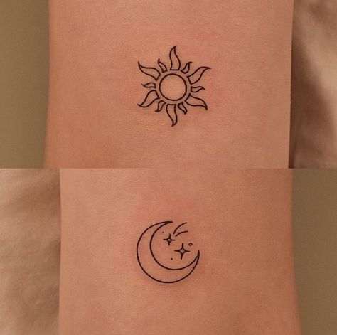 Sun And Moon Tattoos, Tattoo Sonne, Luna Tattoo, Maching Tattoos, Cute Matching Tattoos, Matching Friend Tattoos, Bestie Tattoo, Moon Tattoos, Sun Tattoos