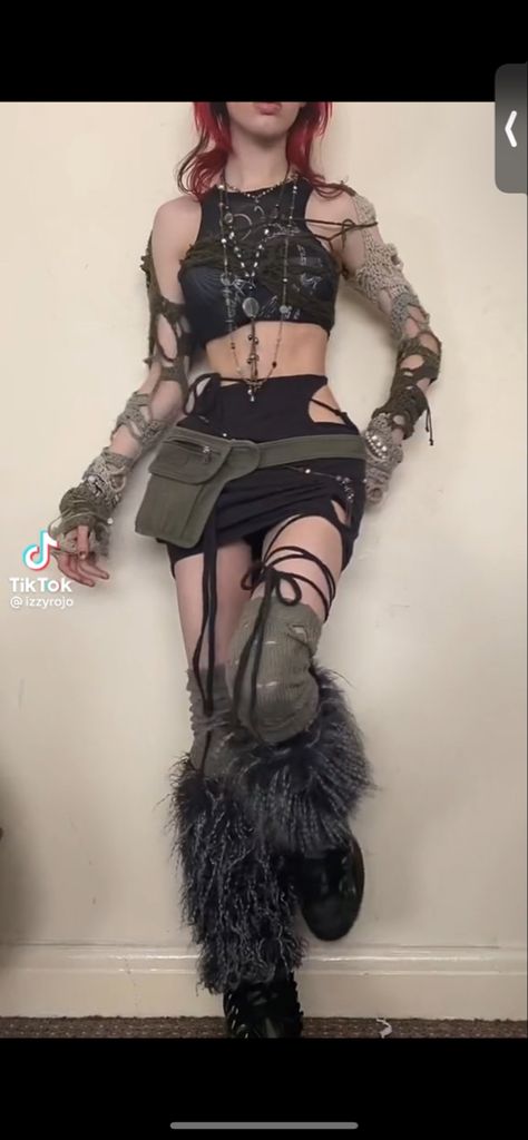 Y2k Outfits For Concerts, Ashnikko Concert Outfits, Mad Max Rave Outfit, Hyperpop Concert Outfit, Wasteland Rave Outfits, Goth Cyberpunk Outfit, Festival Goth Outfit, Rave Outfits Fairy, Grunge Apocalypse Outfit