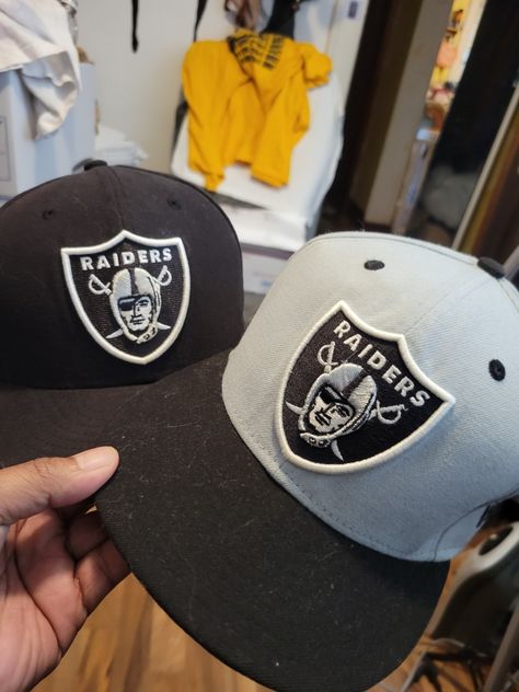 Two fitted Raiders hats Raiders Hat, 90s Hats, Custom Fitted Hats, Hats Black, Raider Nation, Outfits With Hats, Fitted Caps, 4 Life, Black And Gray