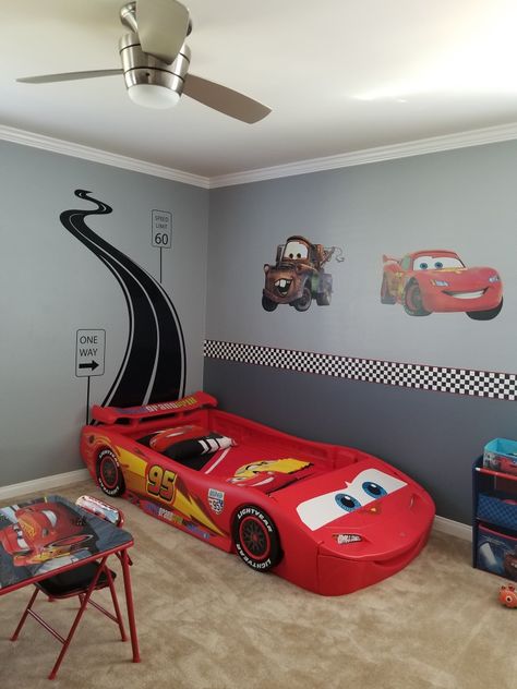 Lightning Mcqueen Room Decor, Disney Car Bedroom Ideas, Disney Cars Toddler Bedroom, Lighting Mcqueen Room Ideas, Closet Turned Dog Room, Mcqueen Bedroom Ideas, Lightning Mcqueen Nursery, Car Theme Bedroom Boys, Cars Room Decor Boys