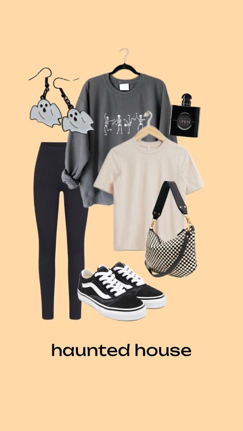 Created by aangelmarieexoxo on Shuffles Haunted House Outfit, Checkered Bag, House Outfit, Skeleton Hoodie, Fall Activity, Vans Outfit, Vans Vans, Outfit Halloween, Black Vans