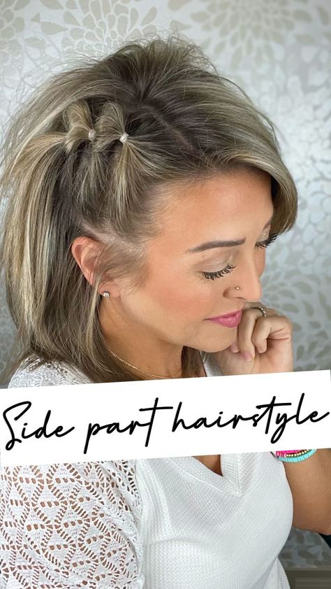 Ashley Erickson | Can we all make a promise to keep messy buns around forever?!?! This is the cutest (and easiest) way to achieve that double bun look 🙌🏻… | Instagram Hairstyles For Short Hair With Headband, Half Space Buns Short Hair, Short Up Hairstyle Women, Short Layered Hair Dos, Styling Short Thinning Hair, Short Layered Wedding Hair, Country Wedding Hairstyles Short, Ways To Style Very Short Hair, Partially Up Hairstyles