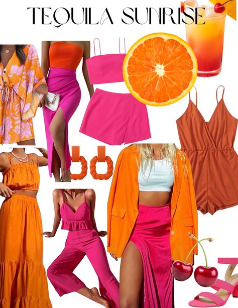 Tropical Destination Bachelorette Party, Bachelorette Party Themes Outfits Scottsdale, Hen Party Colour Theme Outfits, Bachelorette Party Tequila Sunrise, Puerto Rico Bachelorette Outfits, Tequila Sunrise Aesthetic Outfit, Tequila Sunrise Dress Theme, Mexico Birthday Outfit, Coordinating Bachelorette Outfits