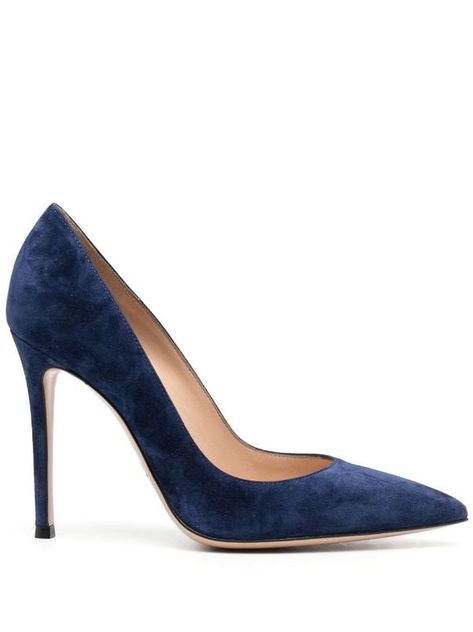 Gianvito Rossi 105mm Pointed Suede Pumps - Farfetch Navy Pumps, Embroidery Shoes, Designer Pumps, Blue Pumps, Shoe Bags, Fashion Heels, Suede Pumps, Dream Shoes, Designer Heels